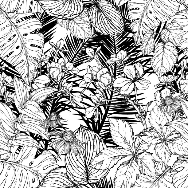 无缝隙图案，枝叶黑色图片下载