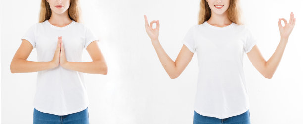 女人的拼贴画，平静而放松的表情，伸开双臂，以瑜伽姿势站立。一组特写的手漂亮的女孩在t恤，在室内沉思，集中在手臂。本空间图片下载