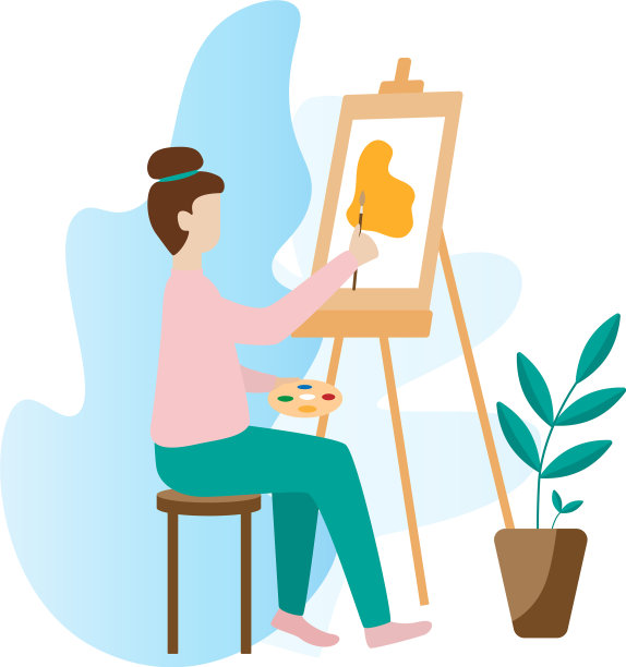 艺术家妇女绘画与调色板刷子和画架图片下载