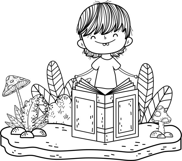 快乐的小男孩在花园里看书图片下载