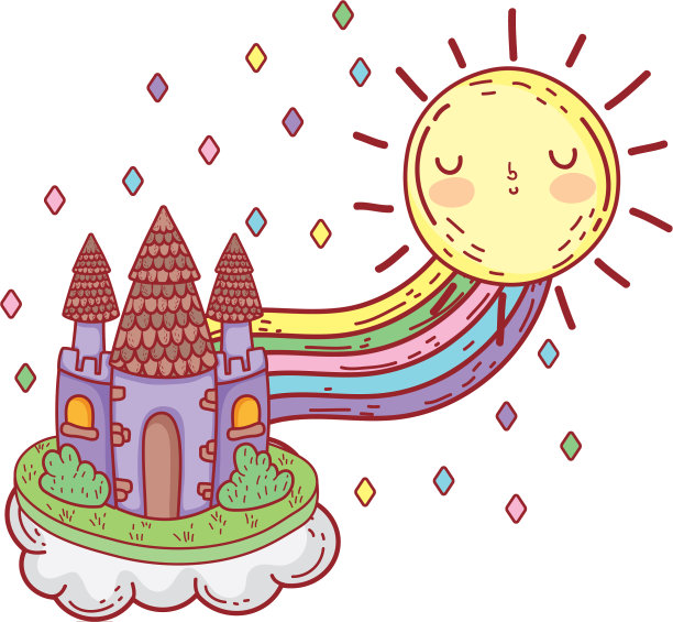 可爱的童话城堡，彩虹和阳光卡哇伊图片下载