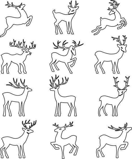黑色轮廓鹿的剪影设置图片下载