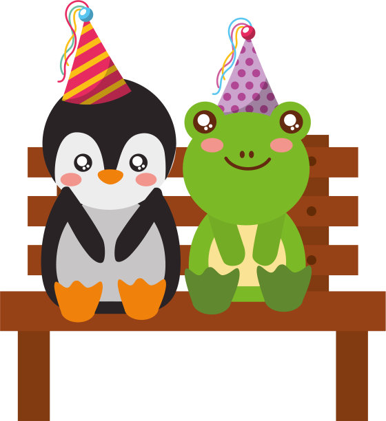 长凳上可爱的企鹅和青蛙生日快乐图片下载