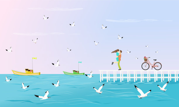 情侣们在海上一座白色的桥上拥抱图片下载