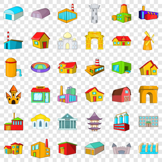建筑图标设置卡通风格图片下载