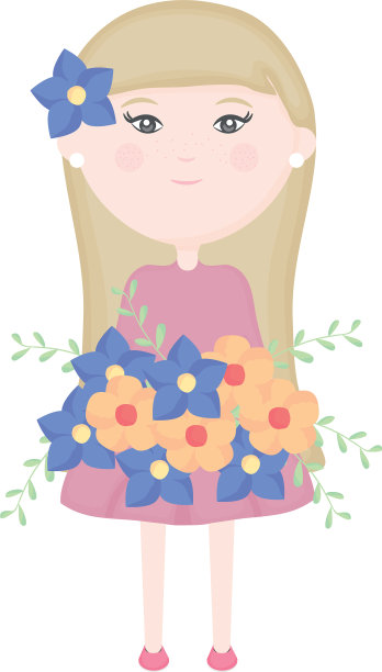 可爱的女孩拿着花束，头发上插着花图片下载