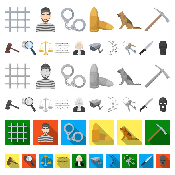 监狱和犯罪卡通图标的设置图片下载