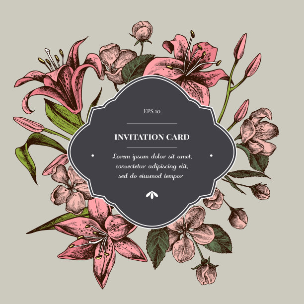 请柬徽章上的百合花手绘图片下载