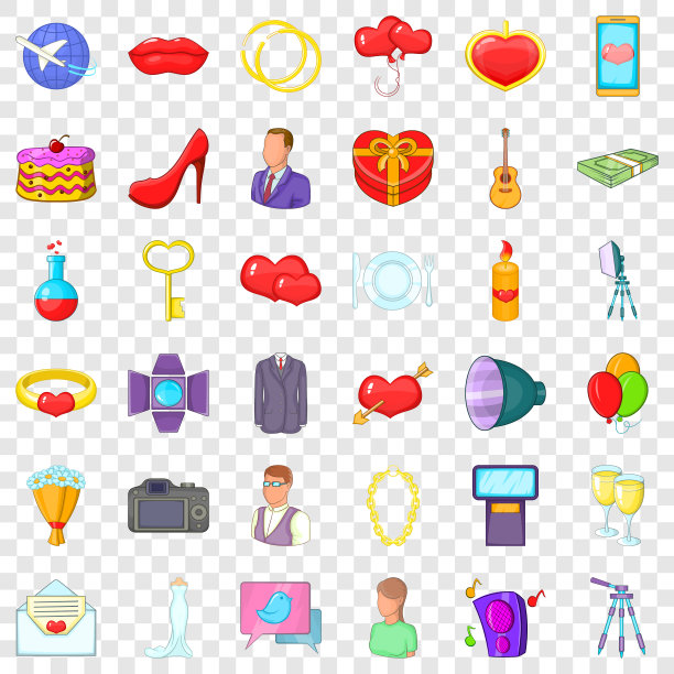 快乐的婚礼图标设置卡通风格图片下载