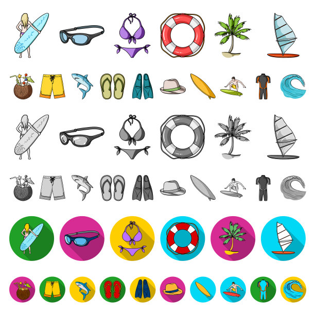 冲浪和极端卡通图标设置图片下载