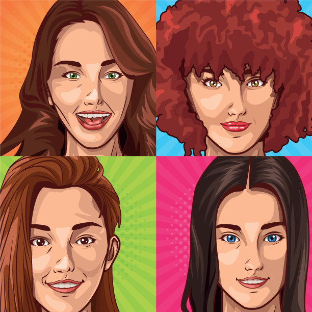 波普艺术年轻女性面对微笑的卡通图片下载