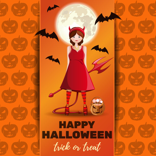 万圣节设计与可爱的女孩在恶魔的服装图片下载