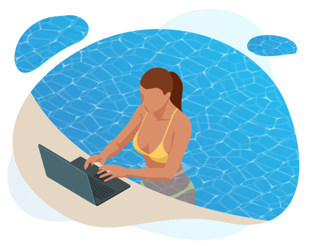 在海滩上工作的年轻女性图片下载