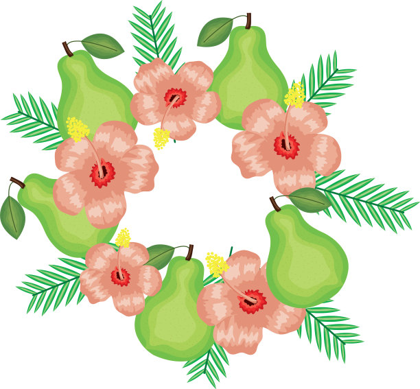 新鲜的梨子与花和叶相框图片下载