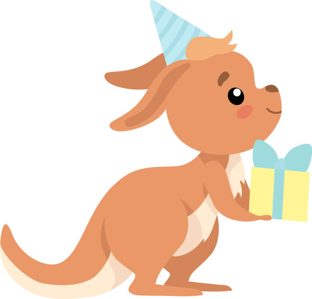 可爱的袋鼠宝宝戴着派对帽，拿着礼物图片下载