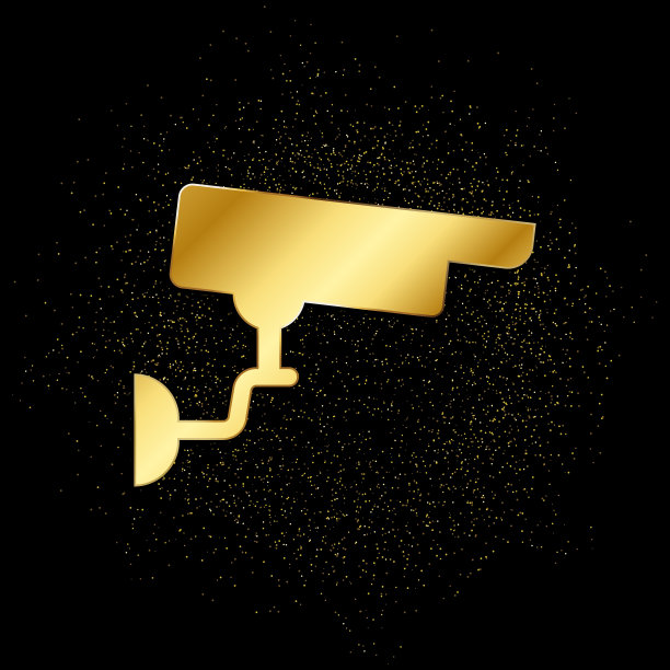 监控闭路电视摄像头的黄金图标。矢量插图的金色粒子背景。图片下载