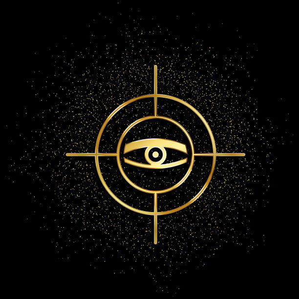 扫描眼睛，安全黄金图标。矢量插图的金色粒子背景。图片下载