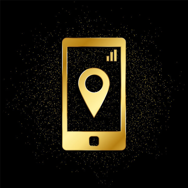 手机，大头针黄金图标。矢量插图的金色粒子背景。图片下载