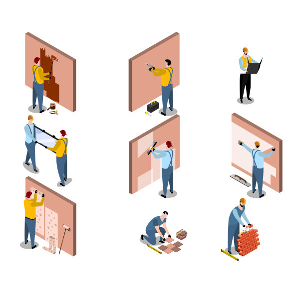 等距建筑者建筑师设置与建筑工人角色矢量插图孤立在白色上。图片下载
