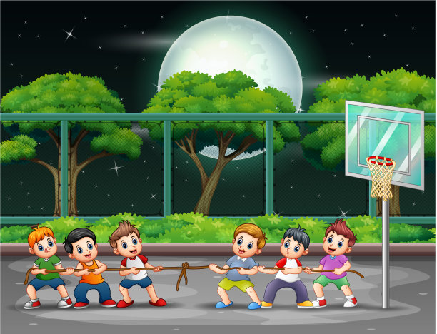 一群男孩在球场上玩拔河图片下载