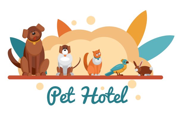 宠物旅馆和宠物之家。狗，小狗，猫，鹦鹉和兔子。快乐和彩色矢量插图孤立在白色的概念。图片下载