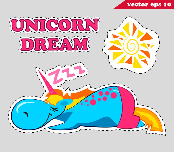 有趣的卡通独角兽睡觉和晒图片下载