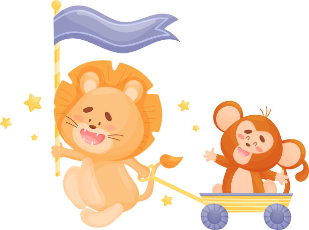 卡通狮子用猴子拉手推车图片下载