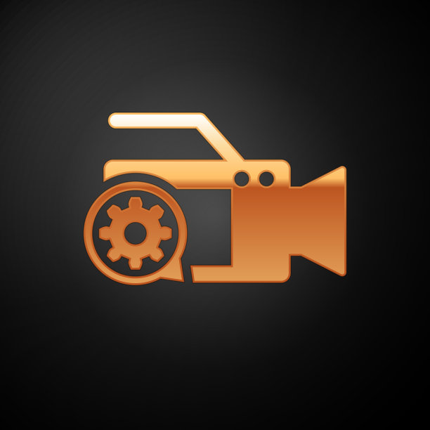 金色摄像机和齿轮图标孤立在黑色图片下载