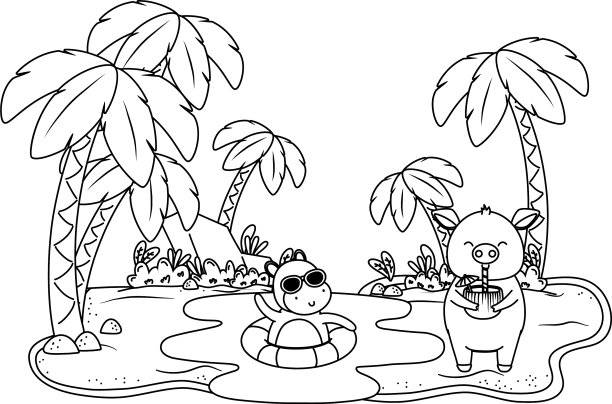 夏天和可爱的动物卡通图片下载