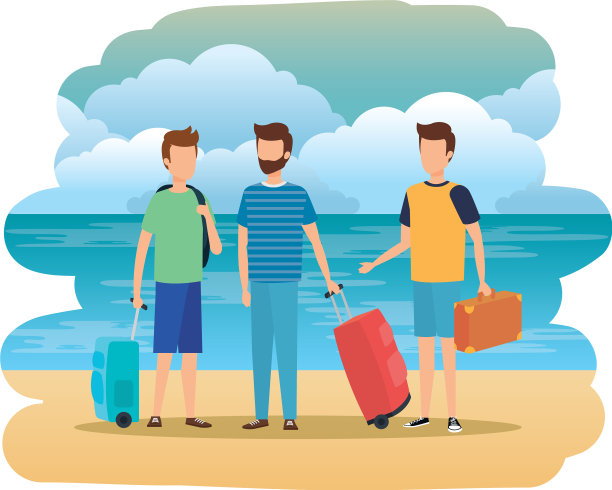带着行李箱的年轻人在海滩上图片下载