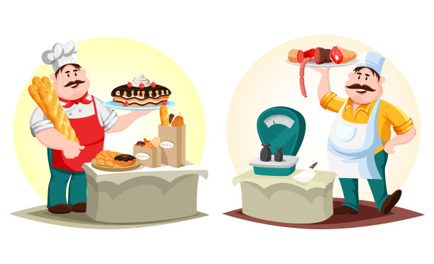 屠夫卖肉，面包师卖小面包和面包图片下载