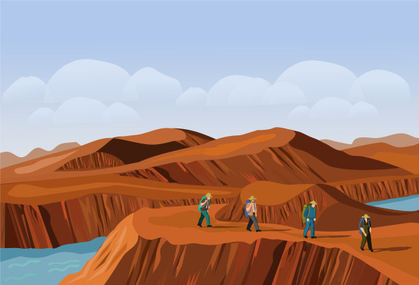 四个游客正在沙漠山上行走图片下载