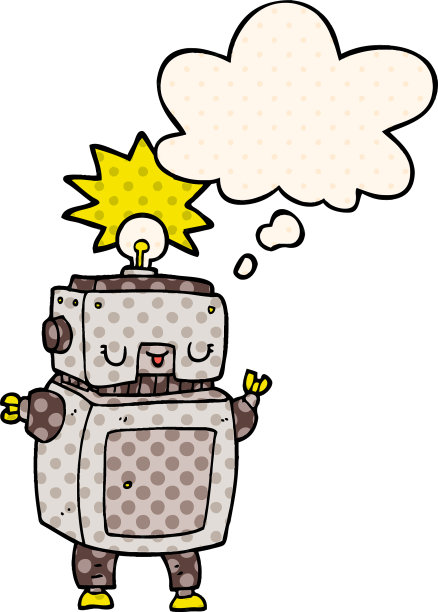 漫画书中的卡通机器人和思想泡泡图片下载