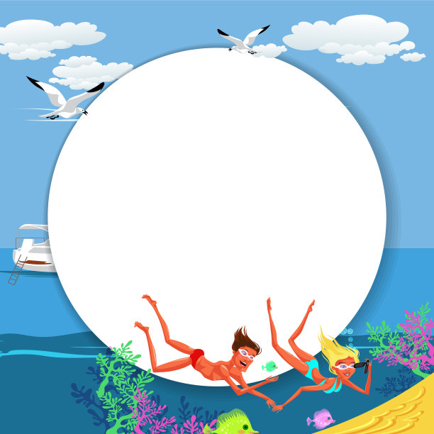 卡通可爱的夫妇在夏天的海里游泳图片下载