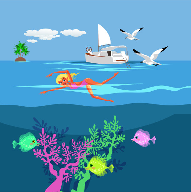 卡通美女在蓝色的海洋里游泳图片下载