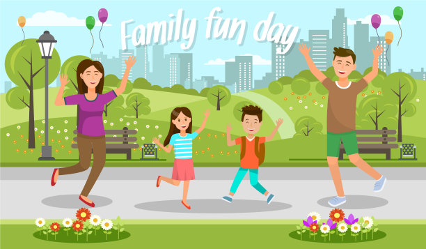 快乐的爸爸妈妈和孩子们在户外散步图片下载