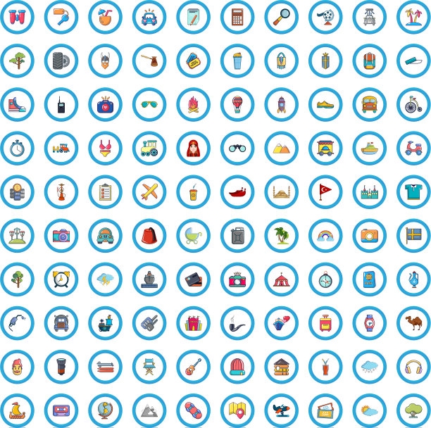 100个旅程图标设置卡通风格图片下载