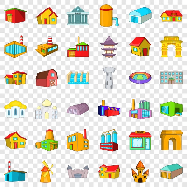 老建筑图标设置卡通风格图片下载