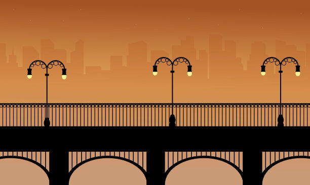 桥上有街灯景观的剪影图片下载