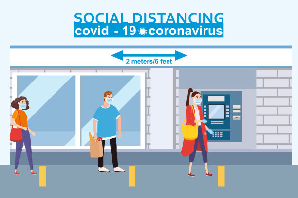 社交距离和与COVID-19冠状病毒疫情传播概念预防。在超市、银行、药房排队时，与他人保持2米的安全距离。在自动取款机前排队的人。向量孤立的插图图片下载
