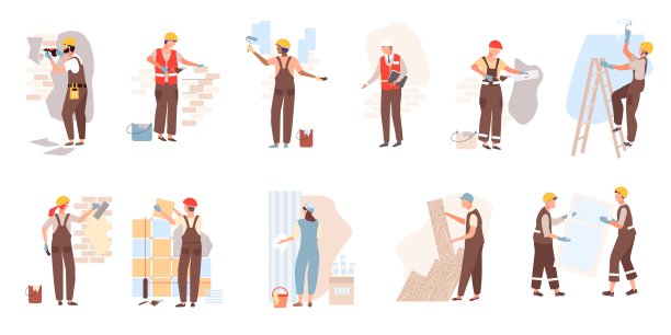 建筑工人在头盔施工中建造、铺瓷砖、砖、层压、玻璃窗户等矢量图隔离在白色上。图片下载