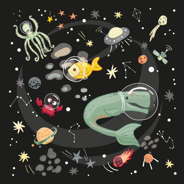 动物在太空旅行。卡通风格的涂鸦，平面矢量插图。幽默的概念。图片下载