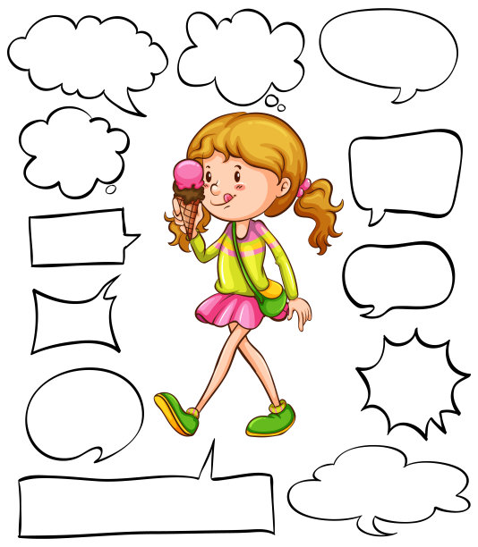 不同形状的语音气泡与快乐的女孩吃冰淇淋图片下载