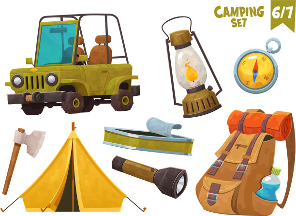 汽车帐篷斧头指南针背包手电筒露营图片下载