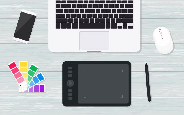 顶视图设计师工作与图形平板电脑。平铺矢量图上的木制背景图片下载