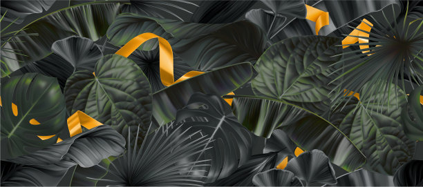 黑色丛林的叶子上有无缝的金色缎带图片下载