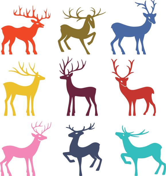 九只彩色鹿的剪影图片下载