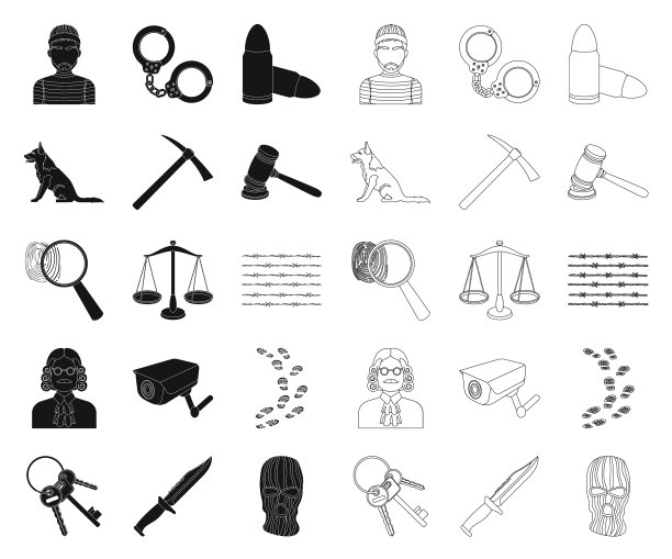 监狱和罪犯的黑色轮廓图标设置图片下载