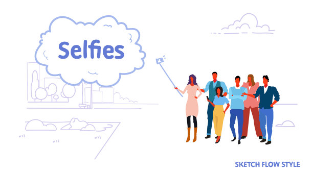 男性女性群体使用自拍杆拍照图片下载