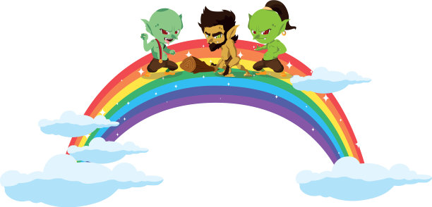 丑陋的巨魔与穴居人侏儒和彩虹场景图片下载